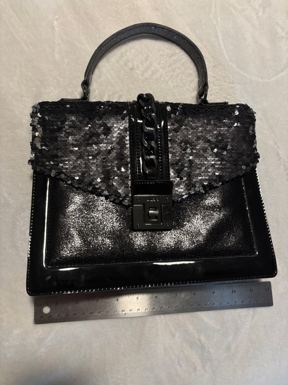 Aldo Black Sequin & Patent Top-Handle Satchel